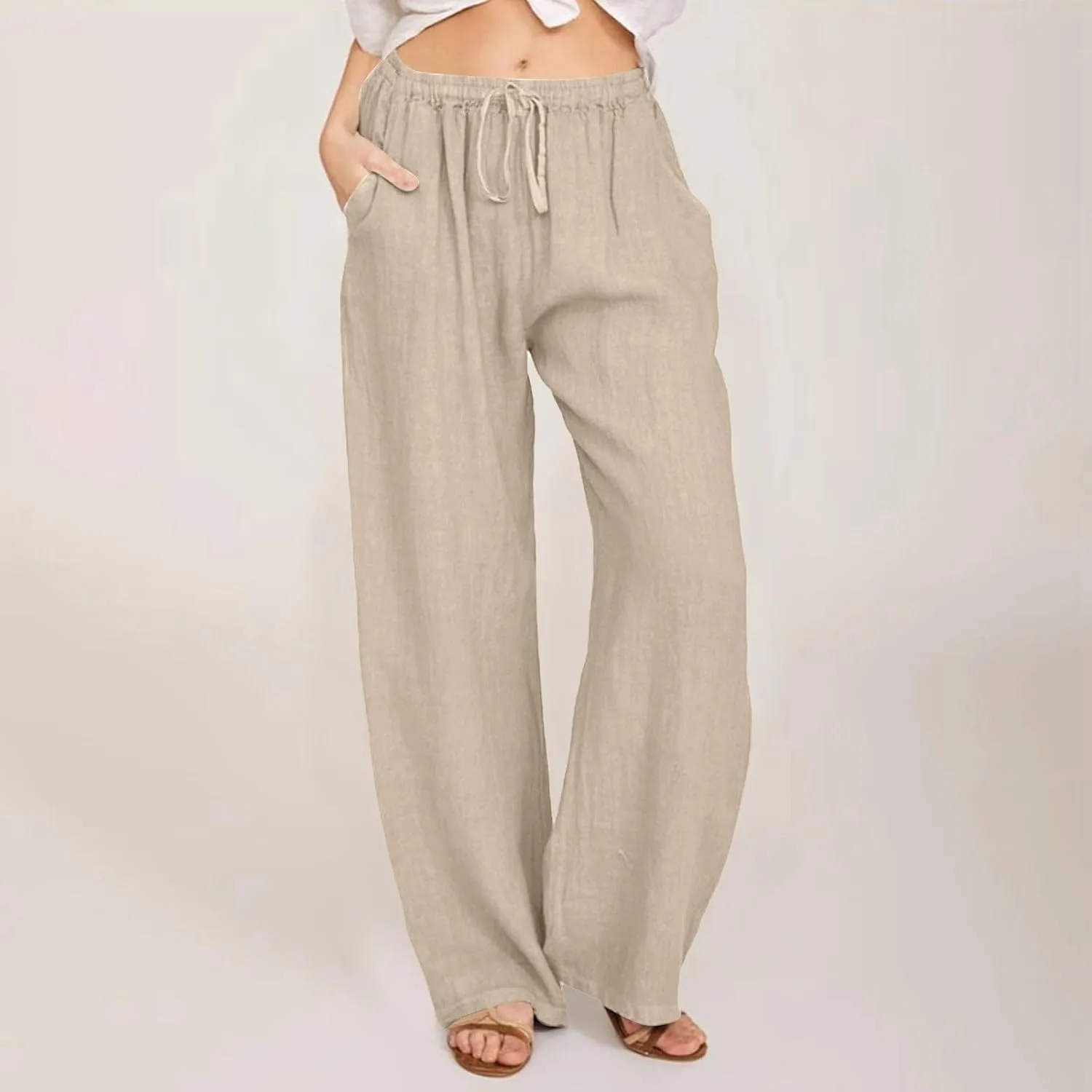 sdbrld Linen Pants for Women,Women Linen Pants 2024 Summer Loose Palazzo Pants Flowy Wide Leg Boho Beach Pants with Pockets