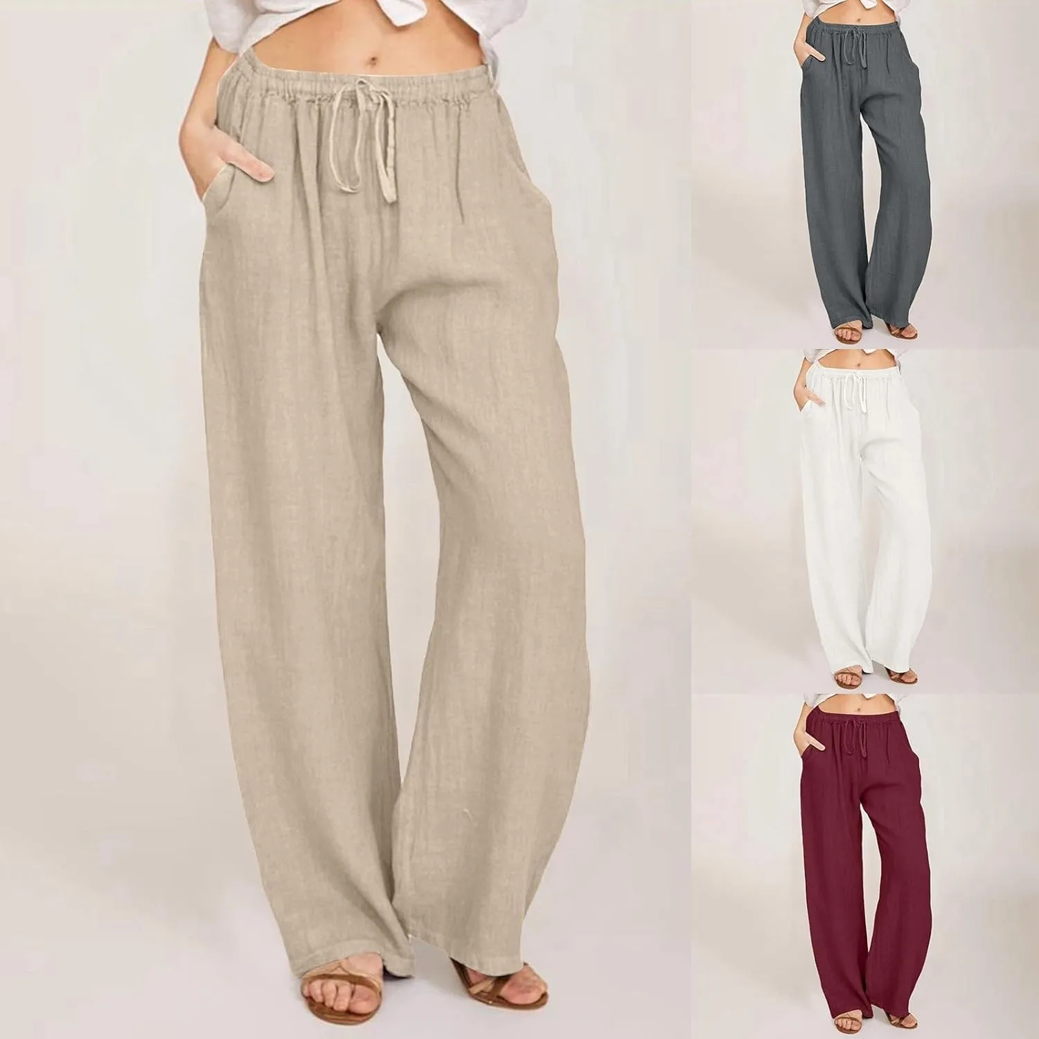 sdbrld Linen Pants for Women,Women Linen Pants 2024 Summer Loose Palazzo Pants Flowy Wide Leg Boho Beach Pants with Pockets