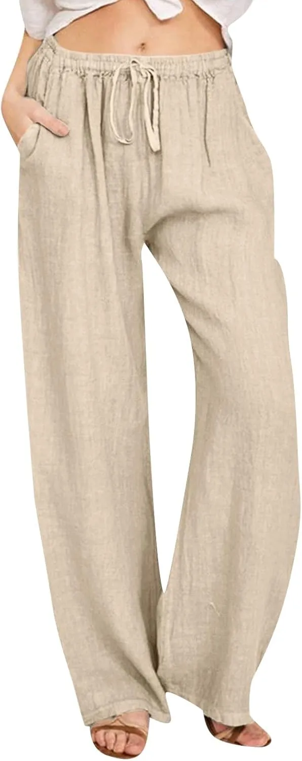 sdbrld Linen Pants for Women,Women Linen Pants 2024 Summer Loose Palazzo Pants Flowy Wide Leg Boho Beach Pants with Pockets