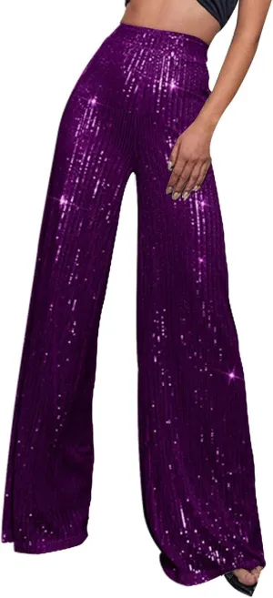 sdbrld Pantalones De Lentejuelas Mujer Oro Womens Sequin Pants Petite Womens Sequin Pants High Waist Glitter Bell Bottoms Sparkle Wide Leg Palazzo Flared Trousers Purple