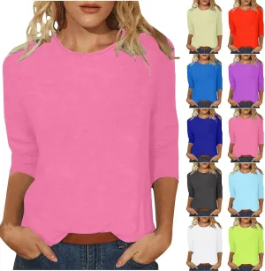SHAOBGE 3/4 Sleeve Tops for Women's Solid Color Round Neck Slim Seven Point Sleeve T Shirt Top Women's Active
