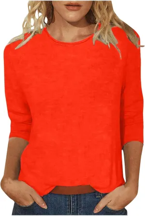 SHAOBGE 3/4 Sleeve Tops for Women's Solid Color Round Neck Slim Seven Point Sleeve T Shirt Top Women's Active