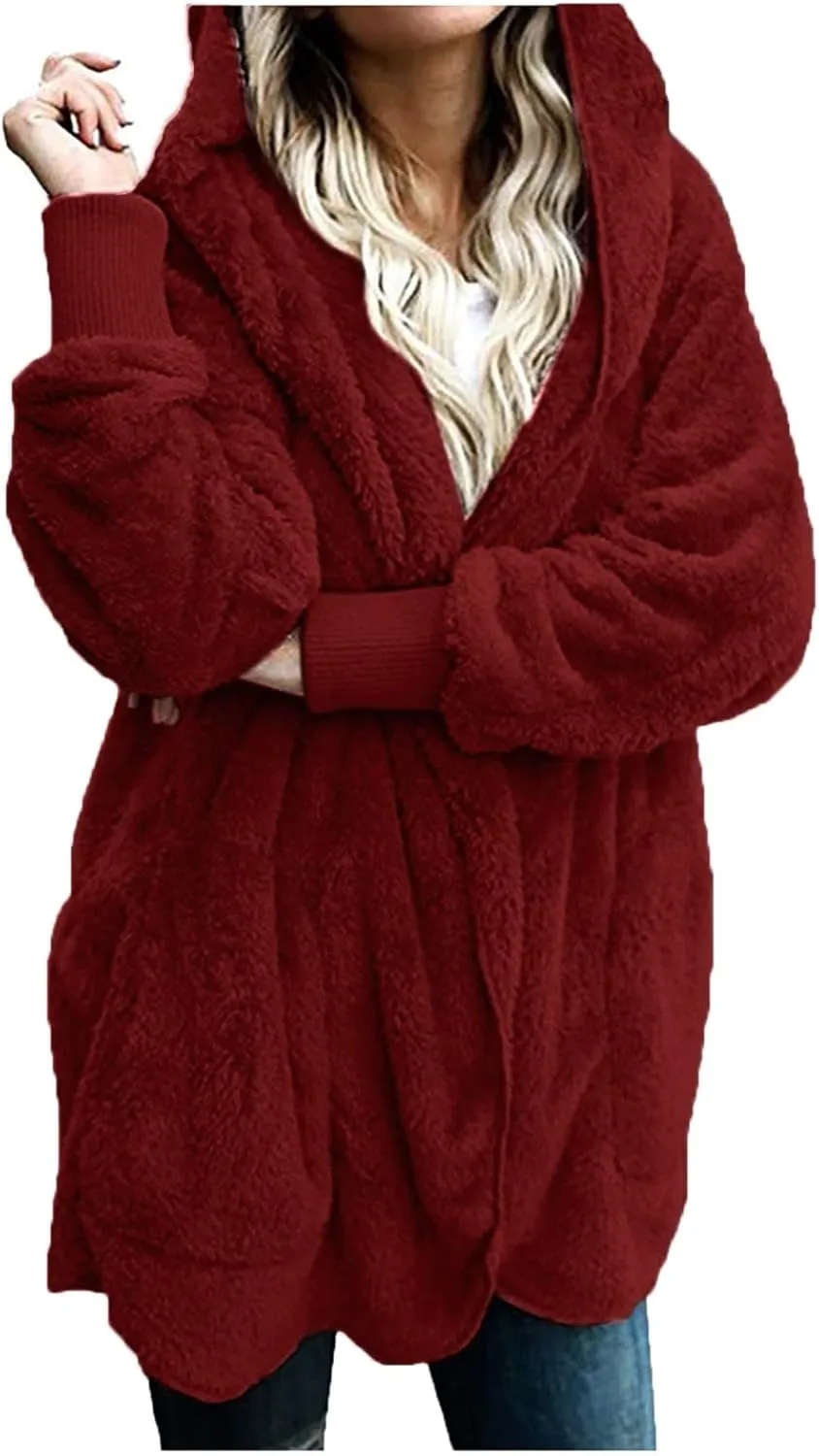 Sherpa Jacket Women Fuzzy Fleece Oversized Open Front Hooded Cardigan Soft Fluffy Sweaters with Pockets Winter Coats