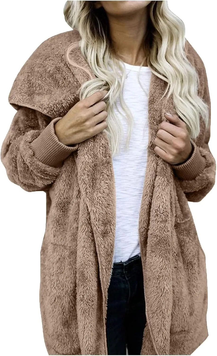 Sherpa Jacket Women Fuzzy Fleece Oversized Open Front Hooded Cardigan Soft Fluffy Sweaters with Pockets Winter Coats