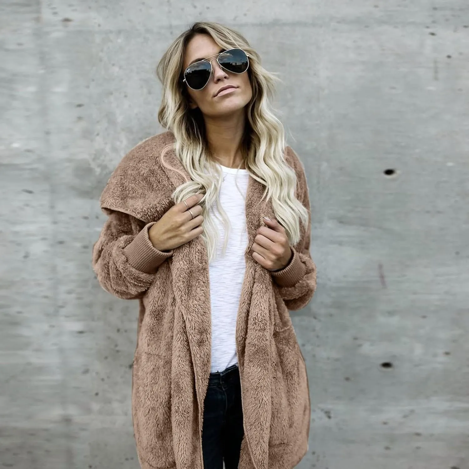 Sherpa Jacket Women Fuzzy Fleece Oversized Open Front Hooded Cardigan Soft Fluffy Sweaters with Pockets Winter Coats