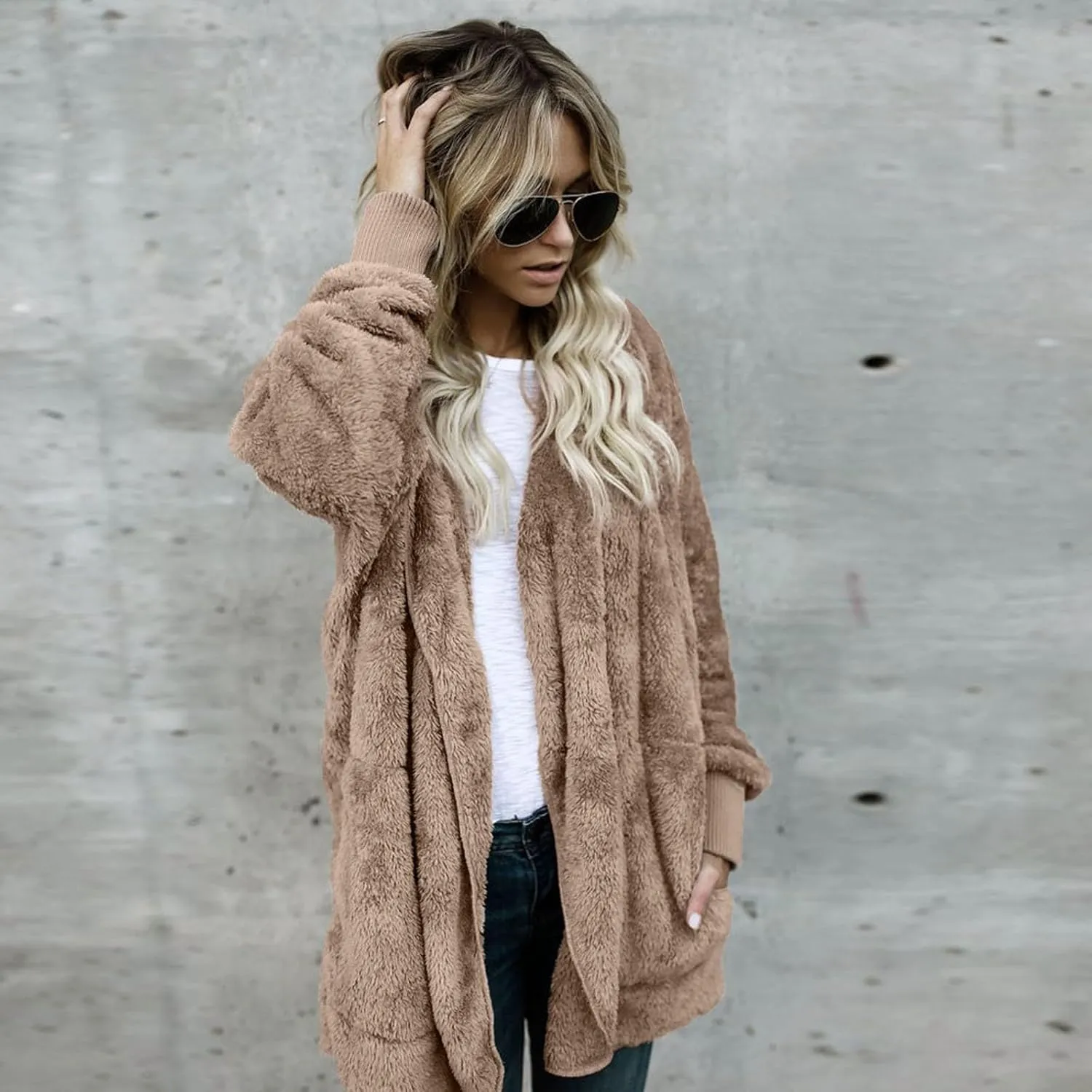 Sherpa Jacket Women Fuzzy Fleece Oversized Open Front Hooded Cardigan Soft Fluffy Sweaters with Pockets Winter Coats
