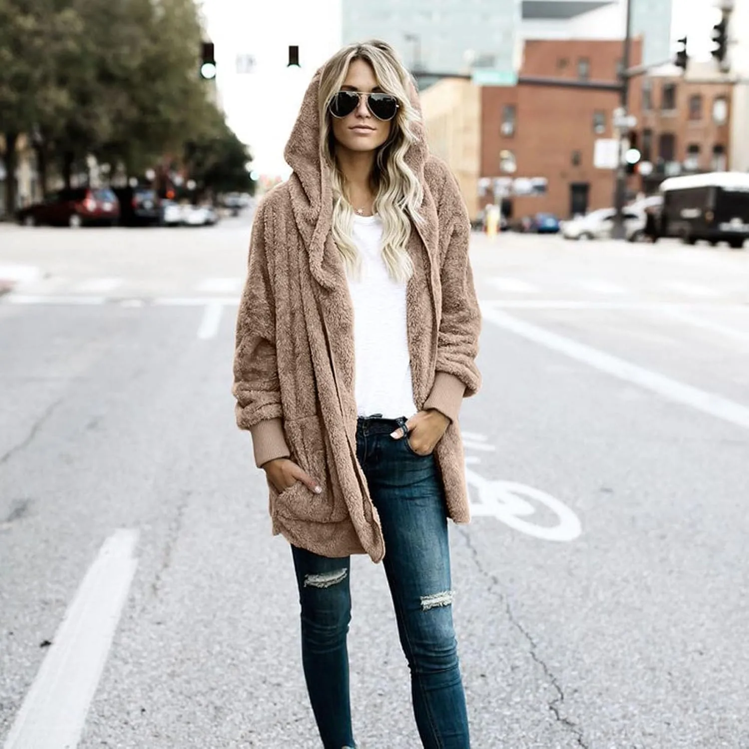 Sherpa Jacket Women Fuzzy Fleece Oversized Open Front Hooded Cardigan Soft Fluffy Sweaters with Pockets Winter Coats