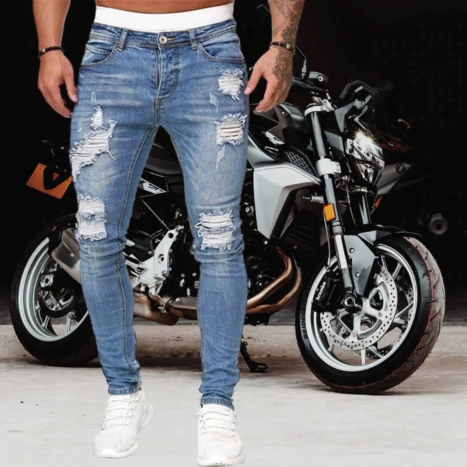 Slim Fit Ripped Jeans for Men Fashion Design Frayed Skinny Comfort Streetwear Denim Pants Stretch Fit Low Rise Jeans
