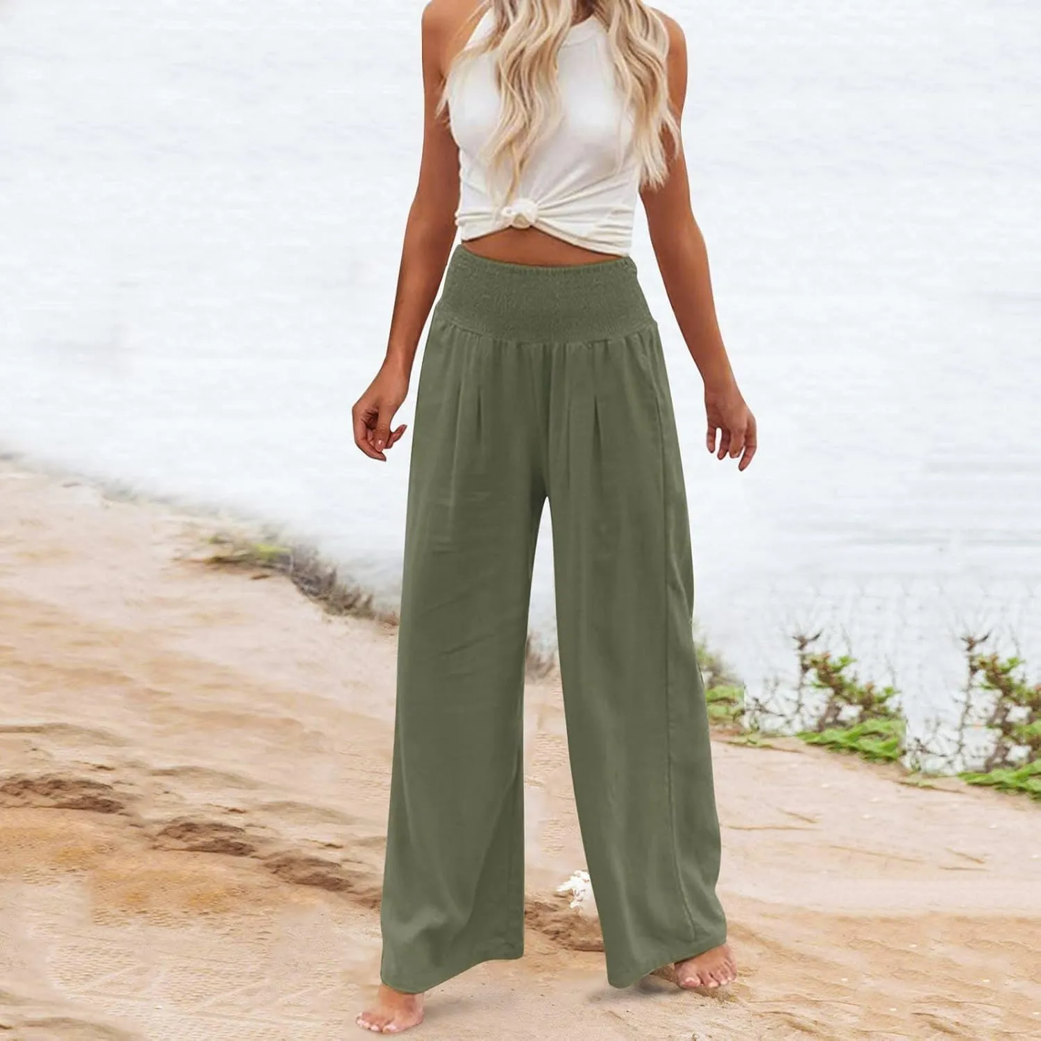 SMIDOW Women's Wide Leg Pants Elastic High Waisted Cotton Linen Long Lounge Pants Business Casual Work Trousers
