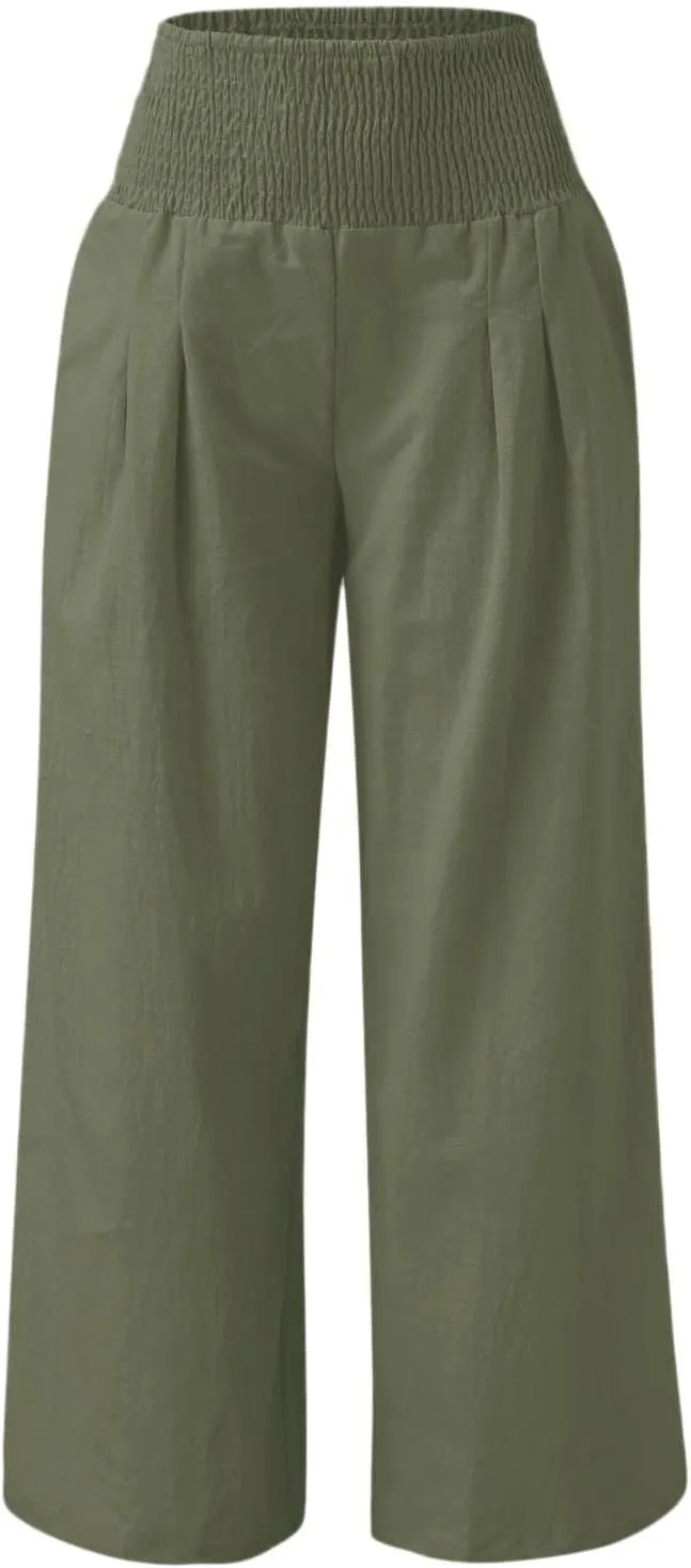 SMIDOW Women's Wide Leg Pants Elastic High Waisted Cotton Linen Long Lounge Pants Business Casual Work Trousers