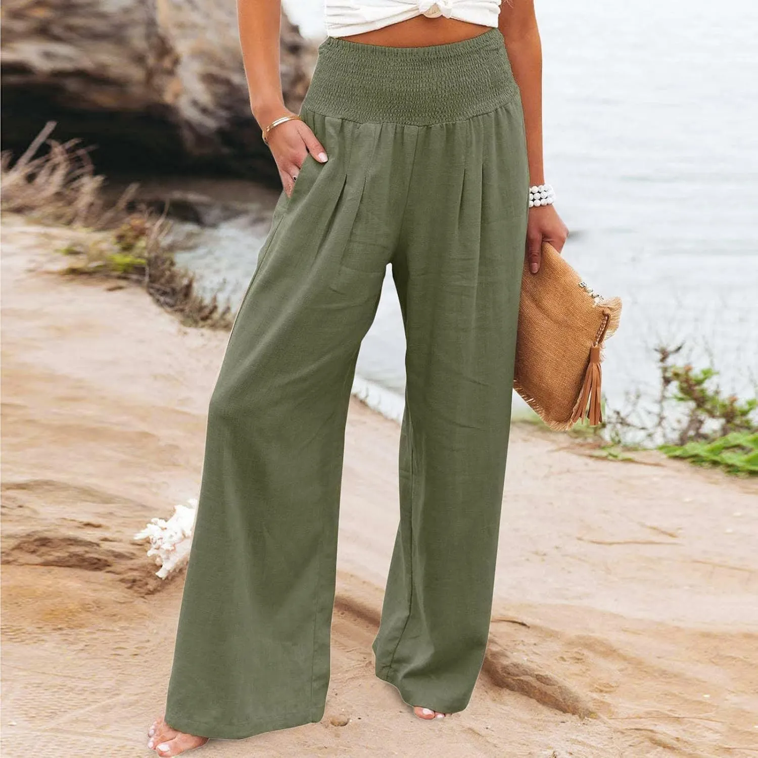 SMIDOW Women's Wide Leg Pants Elastic High Waisted Cotton Linen Long Lounge Pants Business Casual Work Trousers