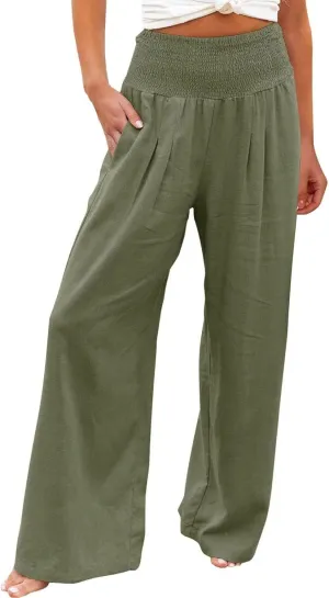 SMIDOW Women's Wide Leg Pants Elastic High Waisted Cotton Linen Long Lounge Pants Business Casual Work Trousers