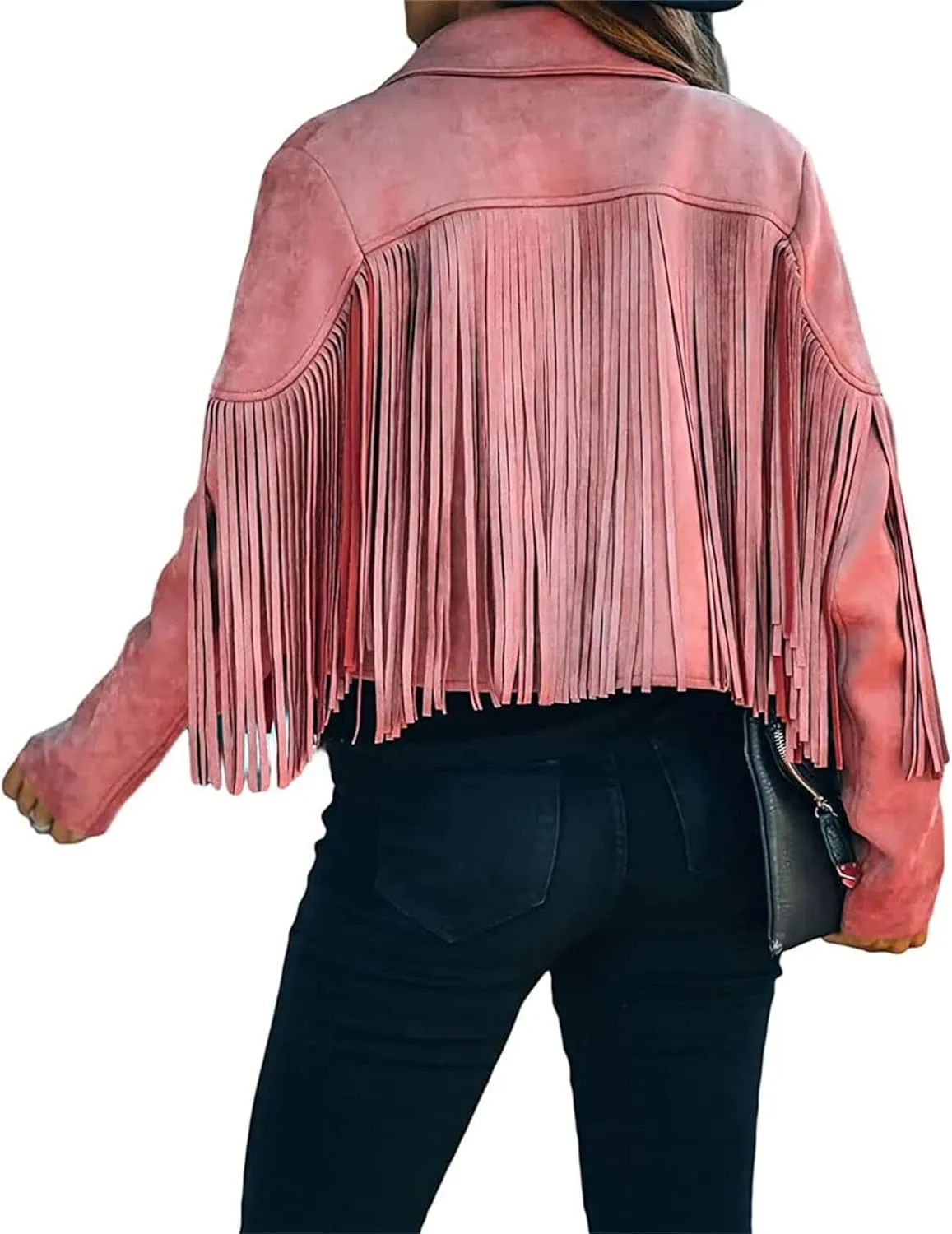 Smoneyful Womens Faux Suede Fringe Jacket Long Sleeve Slim Tassel Motorcycle Jacket Cropped Faux Leather Jacket with Tassles