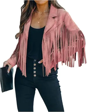 Smoneyful Womens Faux Suede Fringe Jacket Long Sleeve Slim Tassel Motorcycle Jacket Cropped Faux Leather Jacket with Tassles