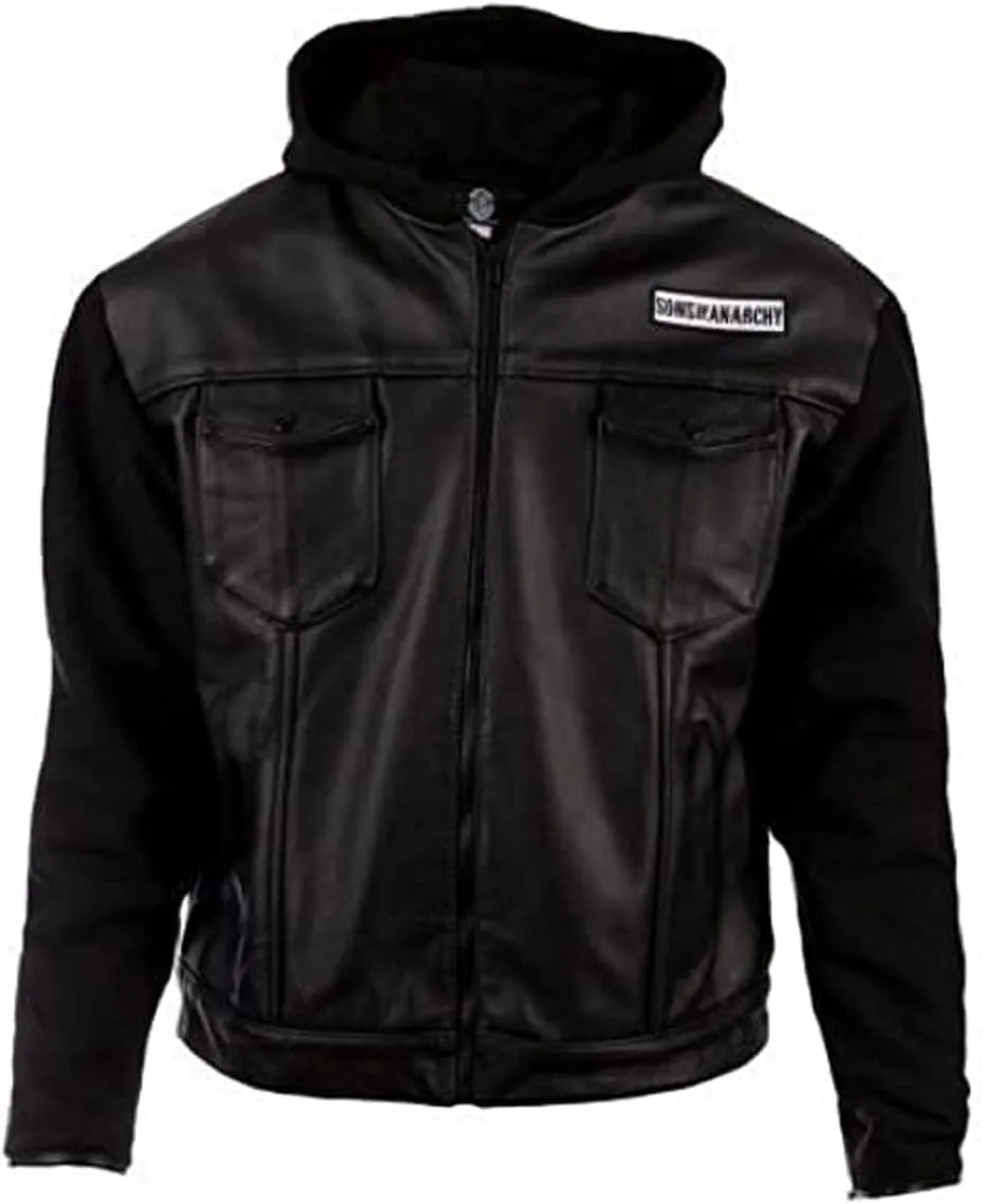 SOA Anarchy Hooded Biker Club Leather Jacket | Men's Faux Motorcycle SOA TV Series Biker Leather Hooded Jacket