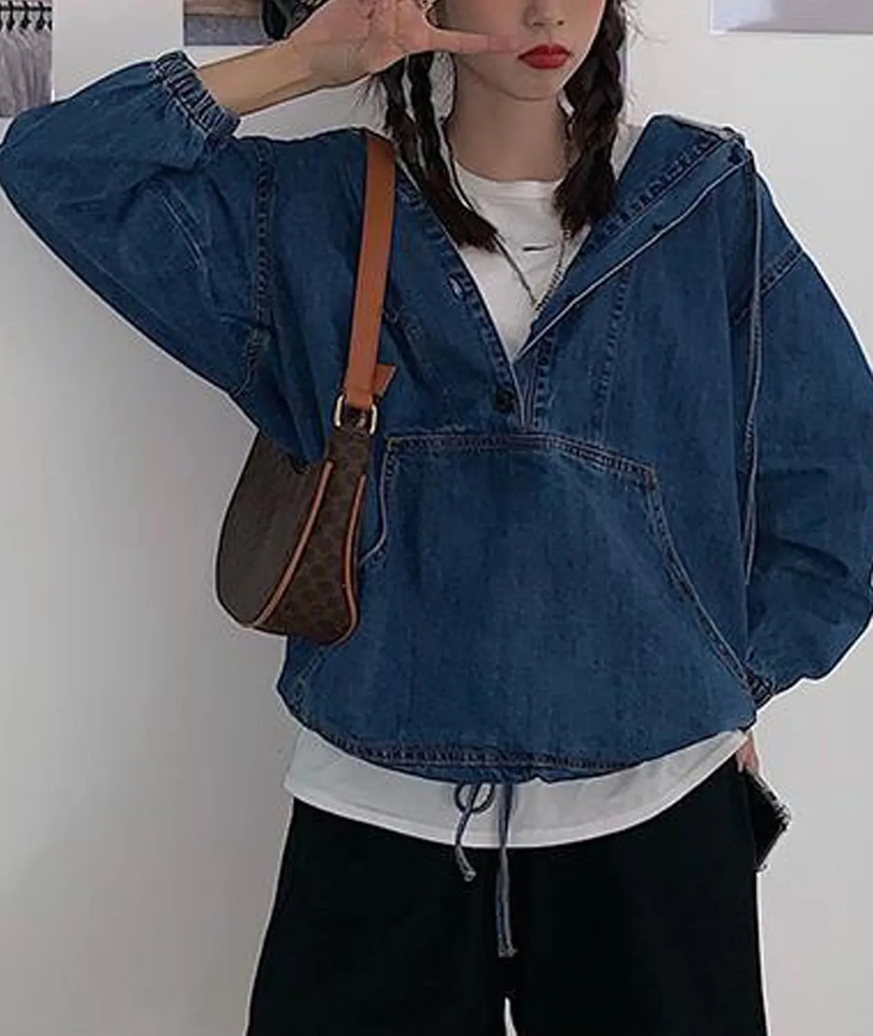 SOMTHRON Women's Denim Hoodie Pullover Jacket Jean Tops 1/2 Button Down Boyfriend Sweatshirt Top with Pocket