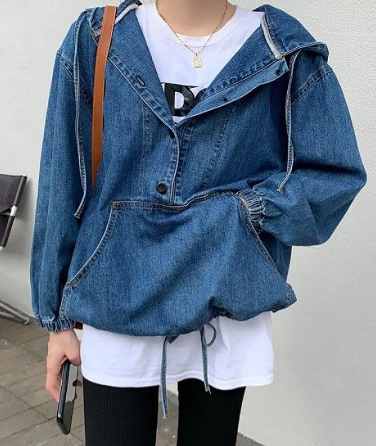 SOMTHRON Women's Denim Hoodie Pullover Jacket Jean Tops 1/2 Button Down Boyfriend Sweatshirt Top with Pocket