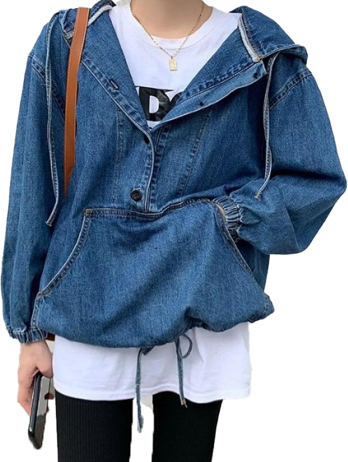 SOMTHRON Women's Denim Hoodie Pullover Jacket Jean Tops 1/2 Button Down Boyfriend Sweatshirt Top with Pocket