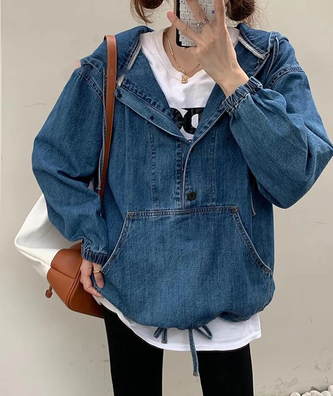 SOMTHRON Women's Denim Hoodie Pullover Jacket Jean Tops 1/2 Button Down Boyfriend Sweatshirt Top with Pocket