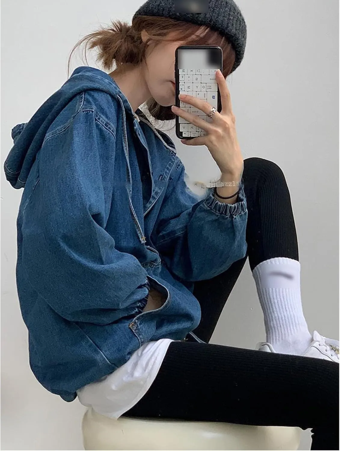 SOMTHRON Women's Denim Hoodie Pullover Jacket Jean Tops 1/2 Button Down Boyfriend Sweatshirt Top with Pocket
