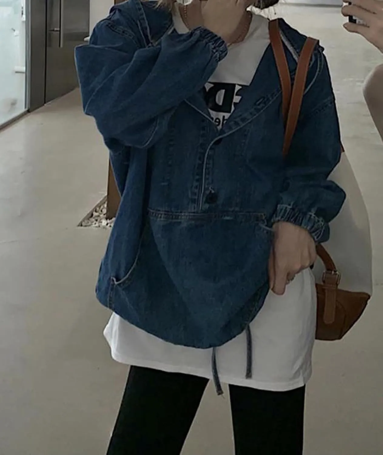 SOMTHRON Women's Denim Hoodie Pullover Jacket Jean Tops 1/2 Button Down Boyfriend Sweatshirt Top with Pocket