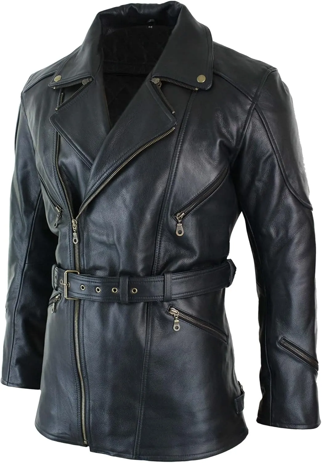 SpazeUp Mens 3/4 Quarter Length Winter Coat - Mens Black Leather Jacket - Quarter Length German Black Leather Coats for Men