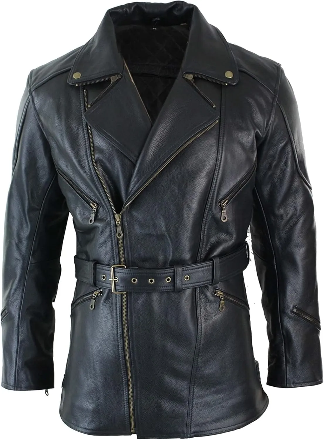 SpazeUp Mens 3/4 Quarter Length Winter Coat - Mens Black Leather Jacket - Quarter Length German Black Leather Coats for Men