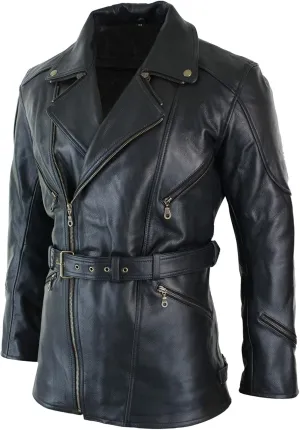 SpazeUp Mens 3/4 Quarter Length Winter Coat - Mens Black Leather Jacket - Quarter Length German Black Leather Coats for Men