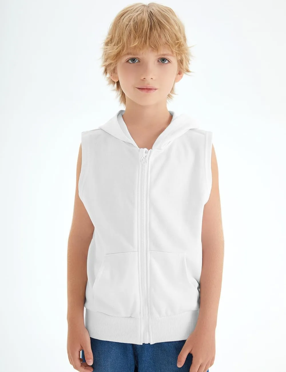 Spring&Gege Boys Full Zip Sleeveless Hooded Vest Basic Zipper Tank Tops Sweatshirt with Pockets