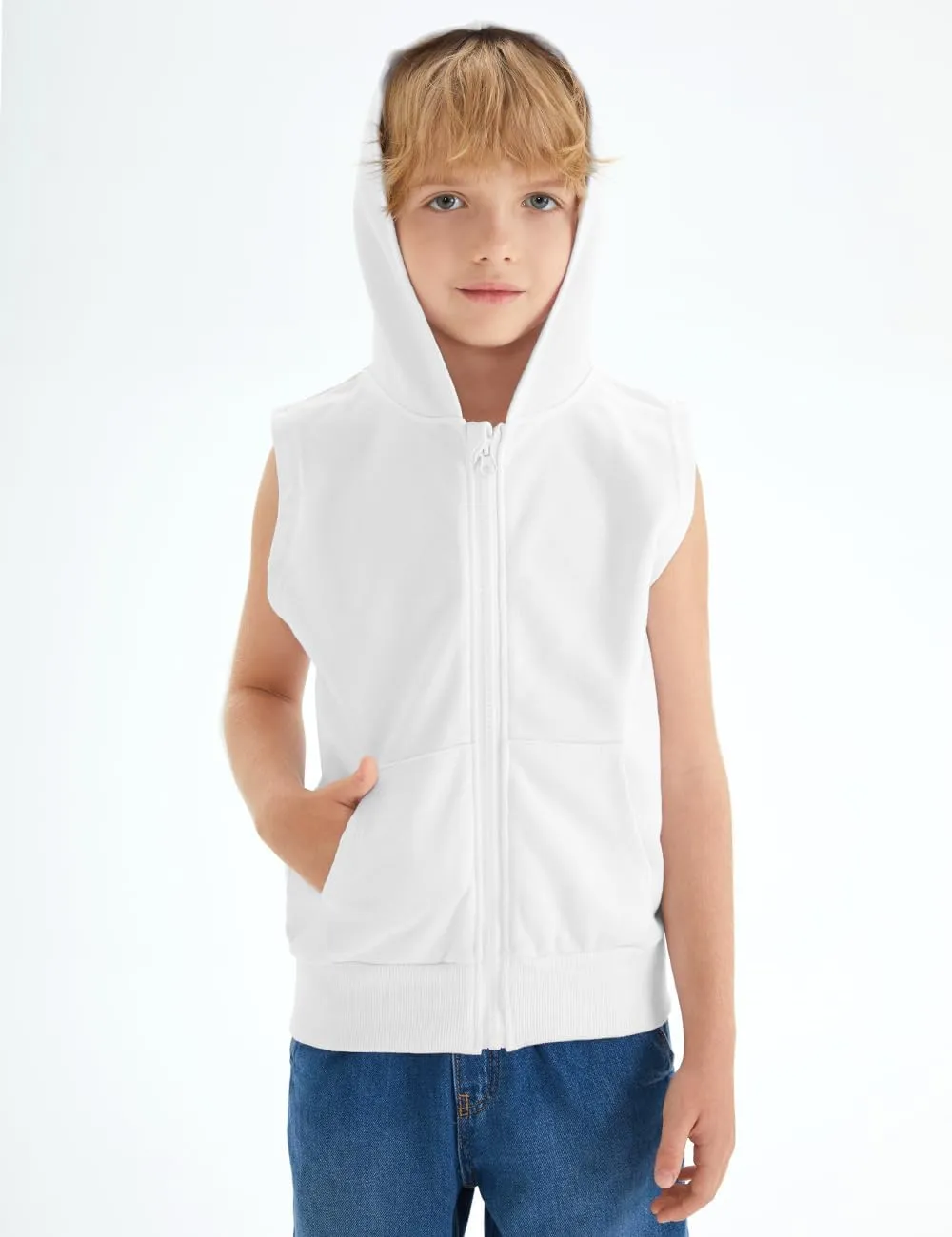 Spring&Gege Boys Full Zip Sleeveless Hooded Vest Basic Zipper Tank Tops Sweatshirt with Pockets