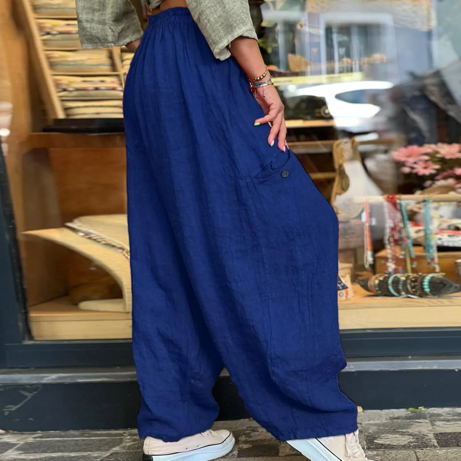 Summer Cotton Linen Pants Solid Color Pocket Baggy Casual Pants Women Pleated High Waisted Wide Leg Pants Wide Leg