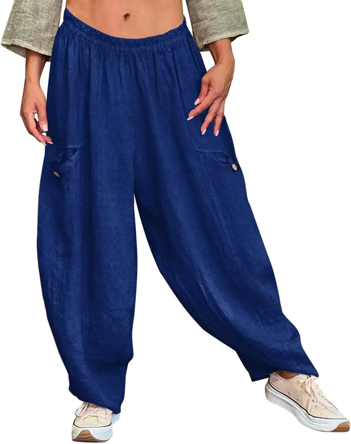 Summer Cotton Linen Pants Solid Color Pocket Baggy Casual Pants Women Pleated High Waisted Wide Leg Pants Wide Leg