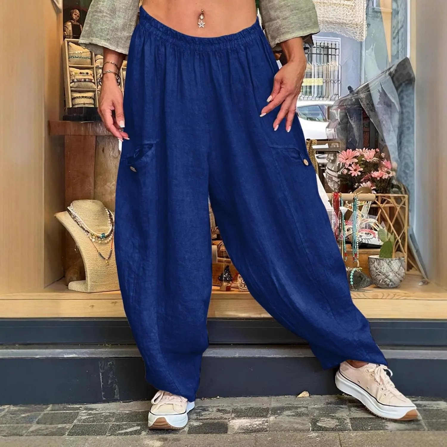 Summer Cotton Linen Pants Solid Color Pocket Baggy Casual Pants Women Pleated High Waisted Wide Leg Pants Wide Leg