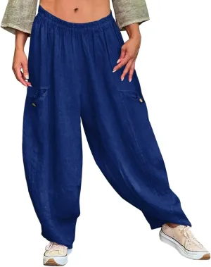 Summer Cotton Linen Pants Solid Color Pocket Baggy Casual Pants Women Pleated High Waisted Wide Leg Pants Wide Leg
