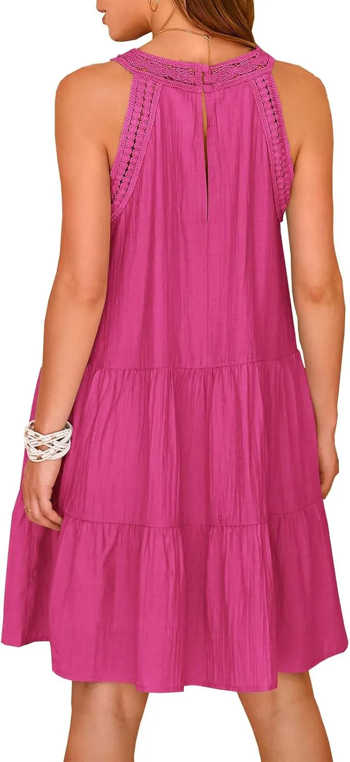 Summer Hollow Out Lace Crochet Halter Dresses Womens Casual Sleeveless Tiered Swing Sundress Beach Vacation Mini Dress