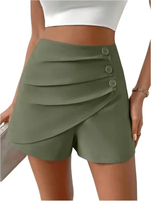 SweatyRocks Women's Casual High Waist Button Front Wrap Shorts Solid Ruched Skort Skirt