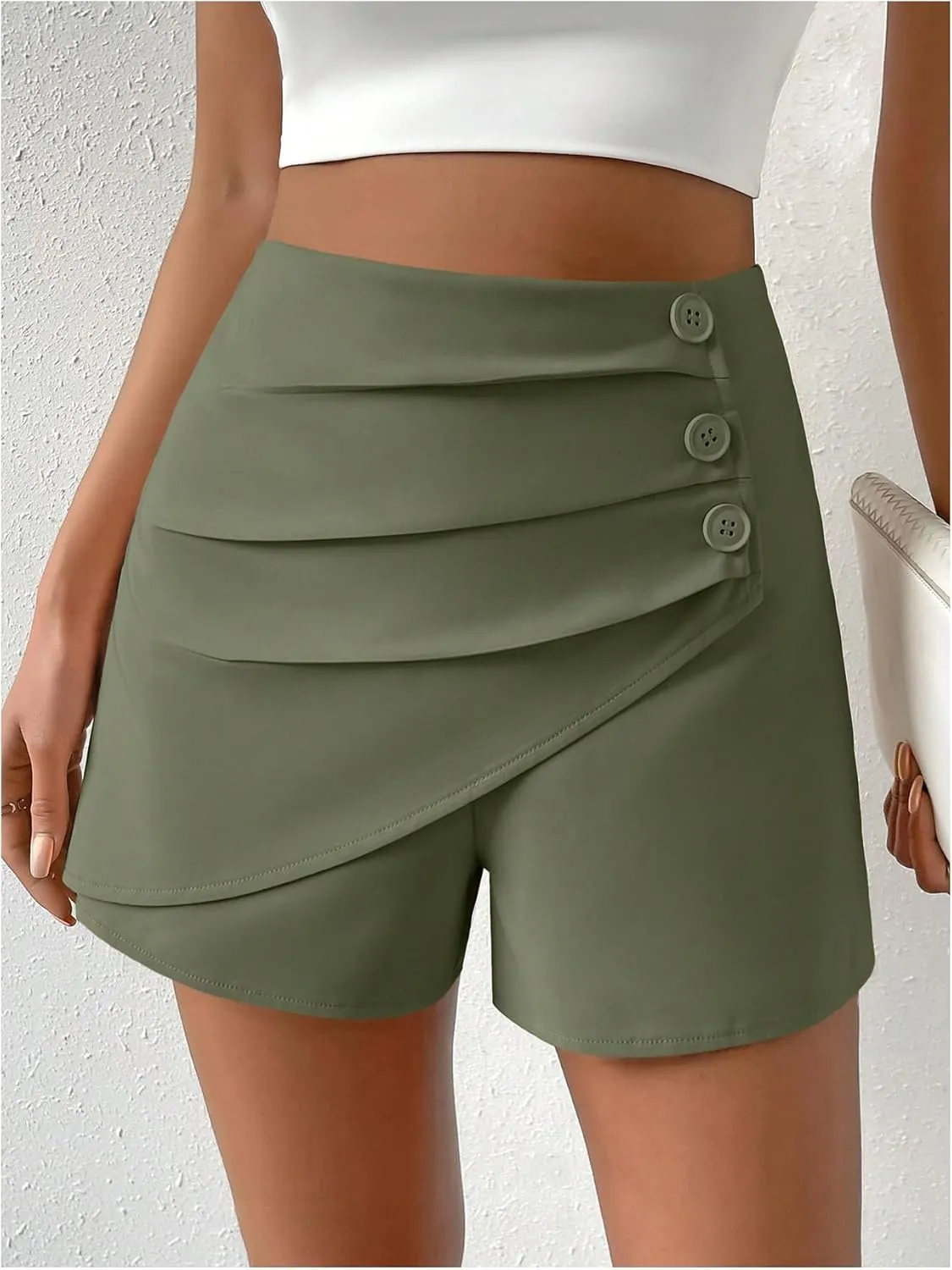 SweatyRocks Women's Casual High Waist Button Front Wrap Shorts Solid Ruched Skort Skirt