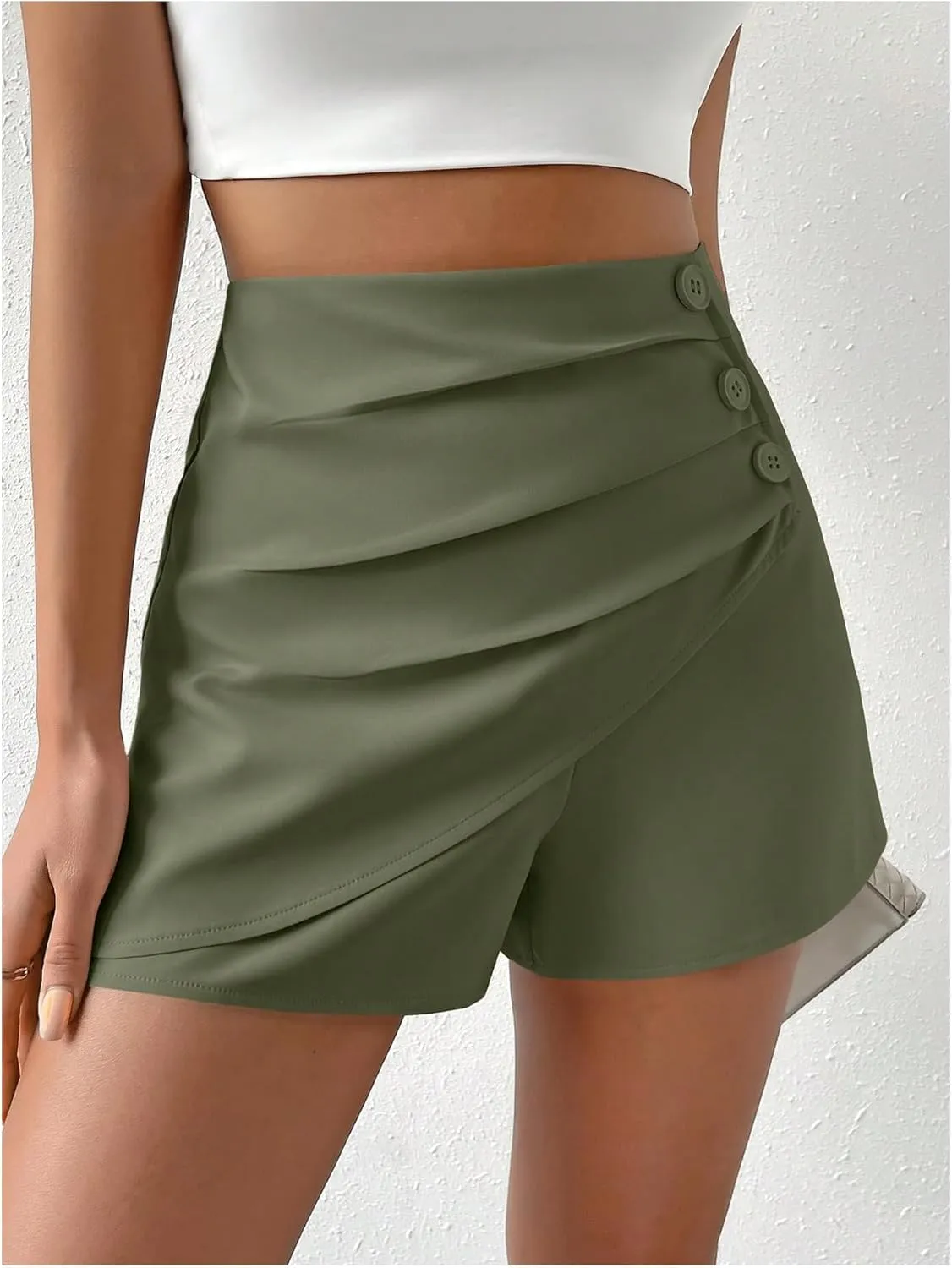 SweatyRocks Women's Casual High Waist Button Front Wrap Shorts Solid Ruched Skort Skirt