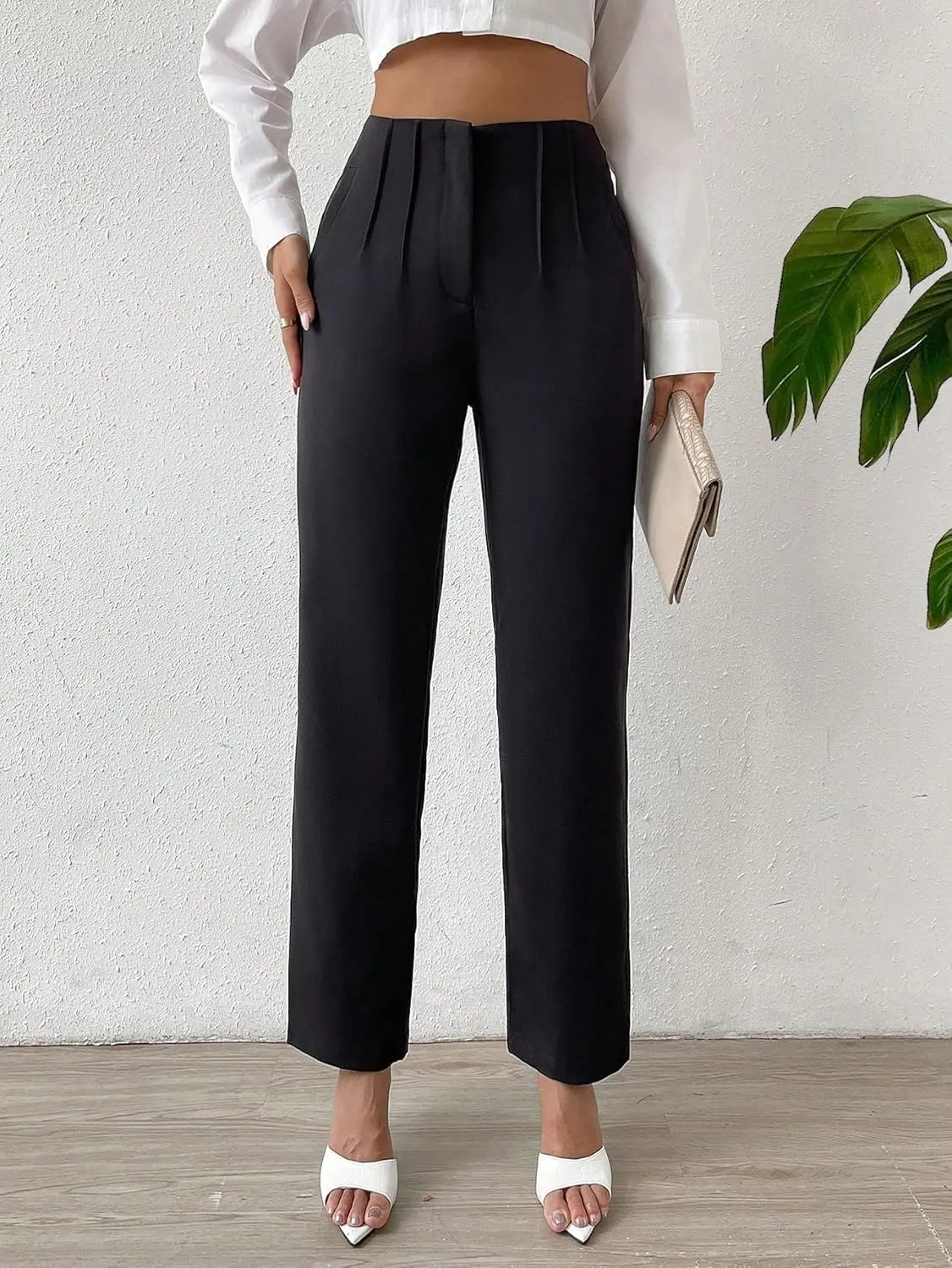 SweatyRocks Women's High Waist Pleated Straight Leg Pants Solid Zipper Long Work Trousers Pants