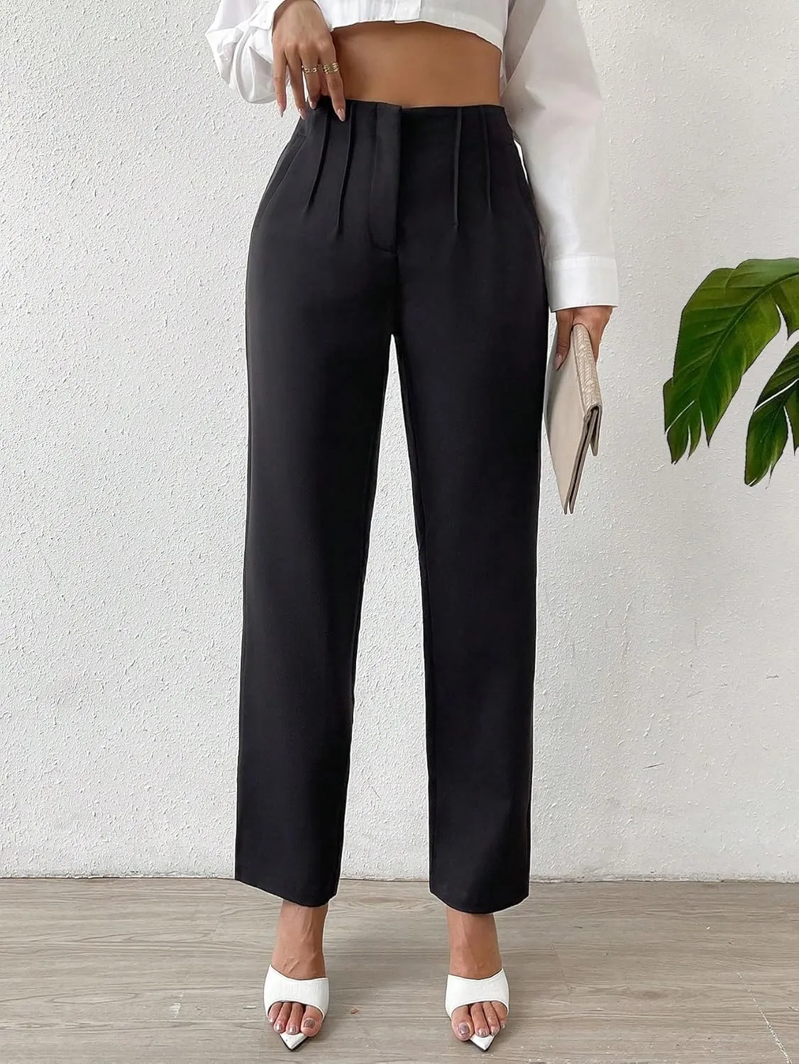 SweatyRocks Women's High Waist Pleated Straight Leg Pants Solid Zipper Long Work Trousers Pants