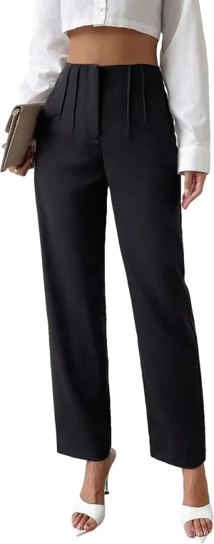 SweatyRocks Women's High Waist Pleated Straight Leg Pants Solid Zipper Long Work Trousers Pants