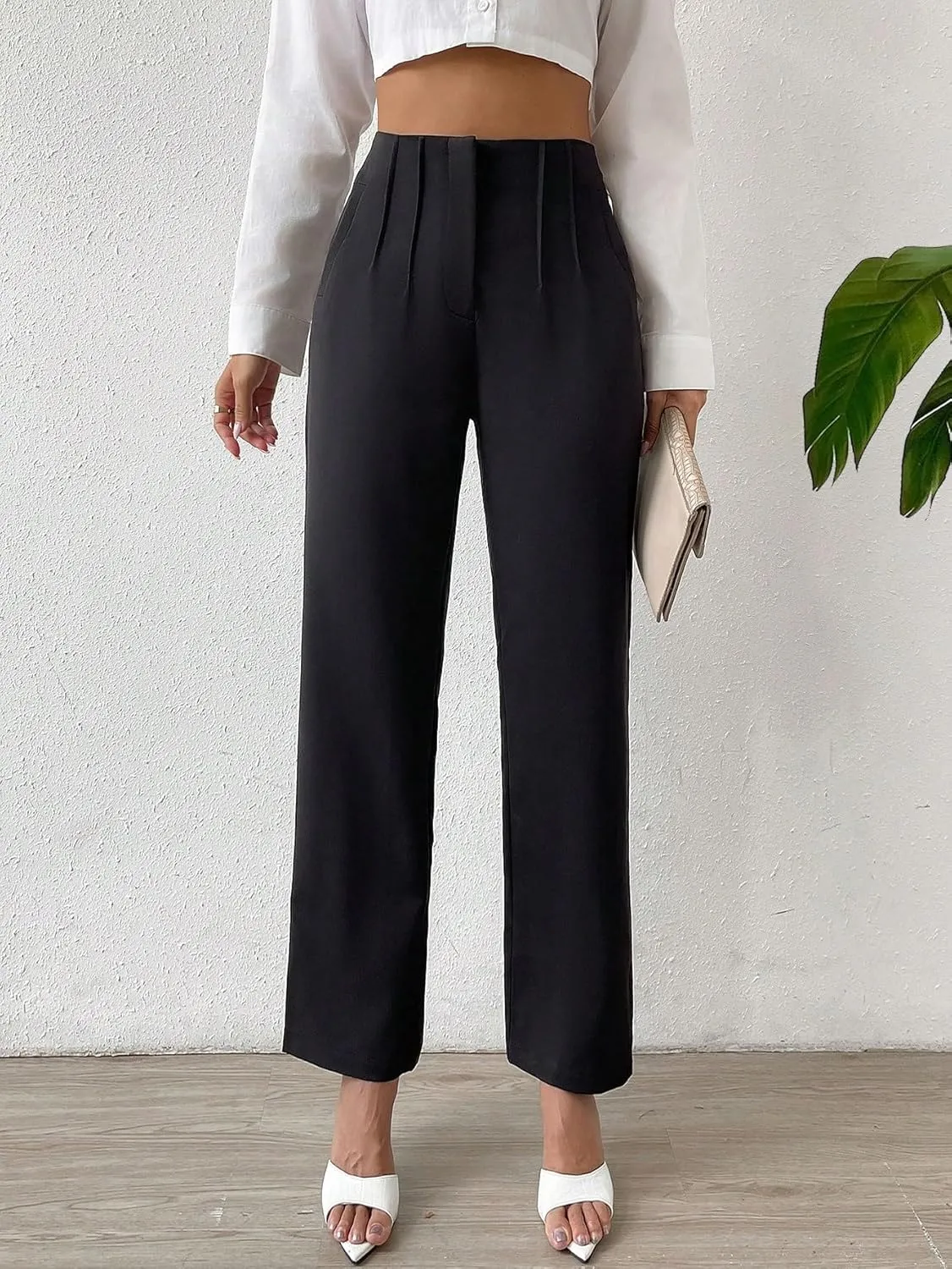 SweatyRocks Women's High Waist Pleated Straight Leg Pants Solid Zipper Long Work Trousers Pants
