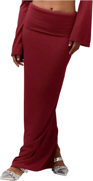 SweatyRocks Women's Low Waisted Maxi Skirts Fold Long Fall Split Skirt