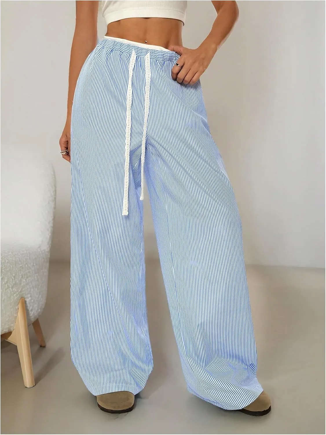 SweatyRocks Women's Wide Leg Striped Pants Drawstring Waist Y2K Loose Trousers