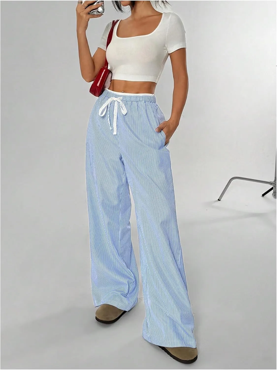 SweatyRocks Women's Wide Leg Striped Pants Drawstring Waist Y2K Loose Trousers