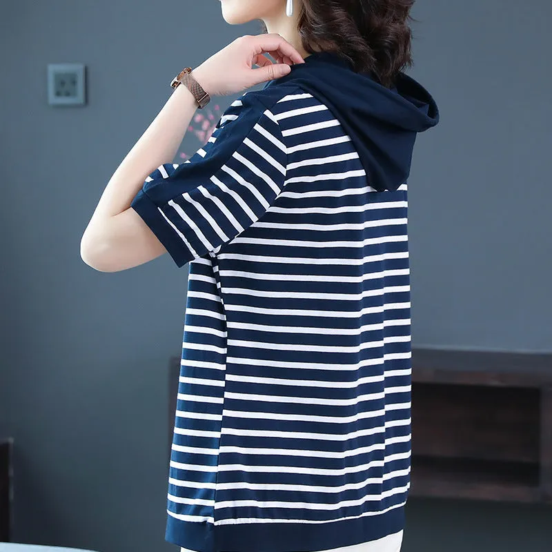 T-Shirt Women Mom Loose Striped Hooded Short Sleeve Summer Korean Casual Plus Size Tops T-Shirt