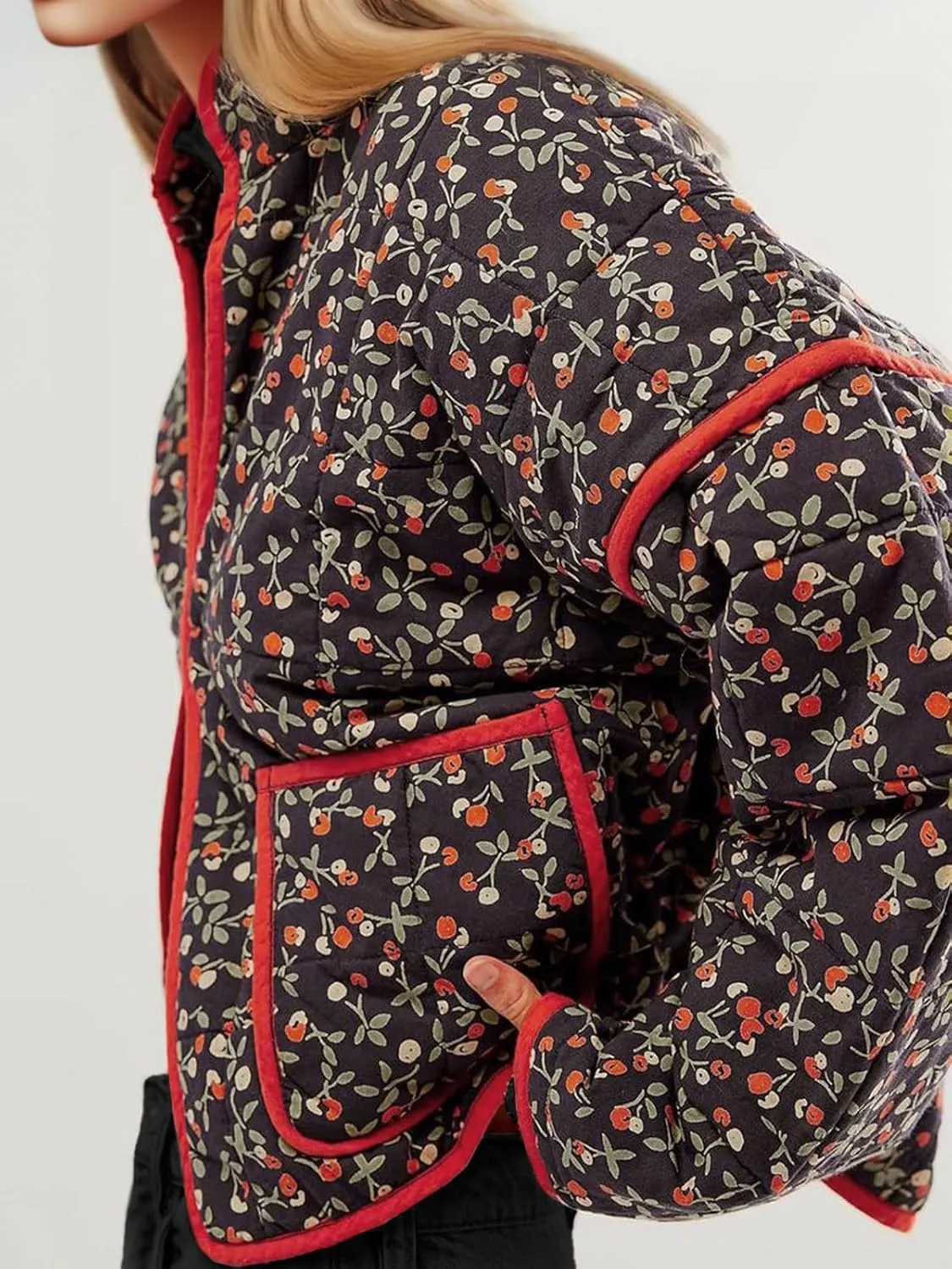 Tankaneo Womens Quilted Lightweight Jackets Floral Print Winter Coats Open Front Cardigan with Pockets