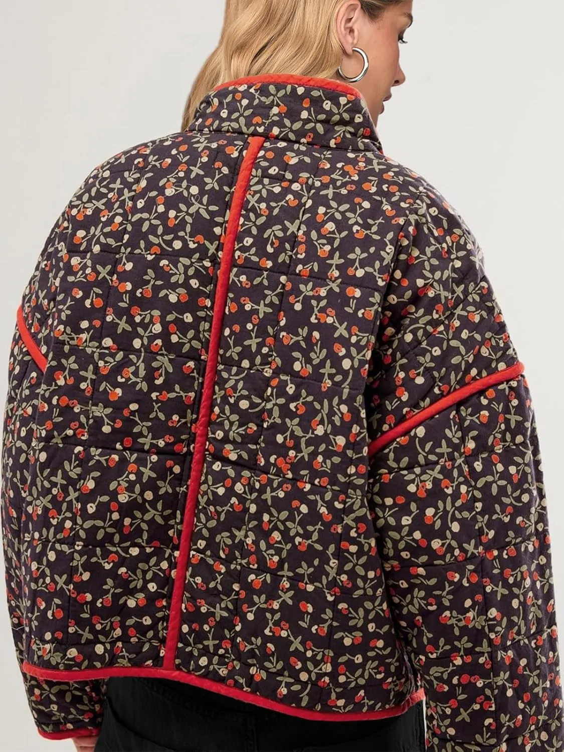 Tankaneo Womens Quilted Lightweight Jackets Floral Print Winter Coats Open Front Cardigan with Pockets