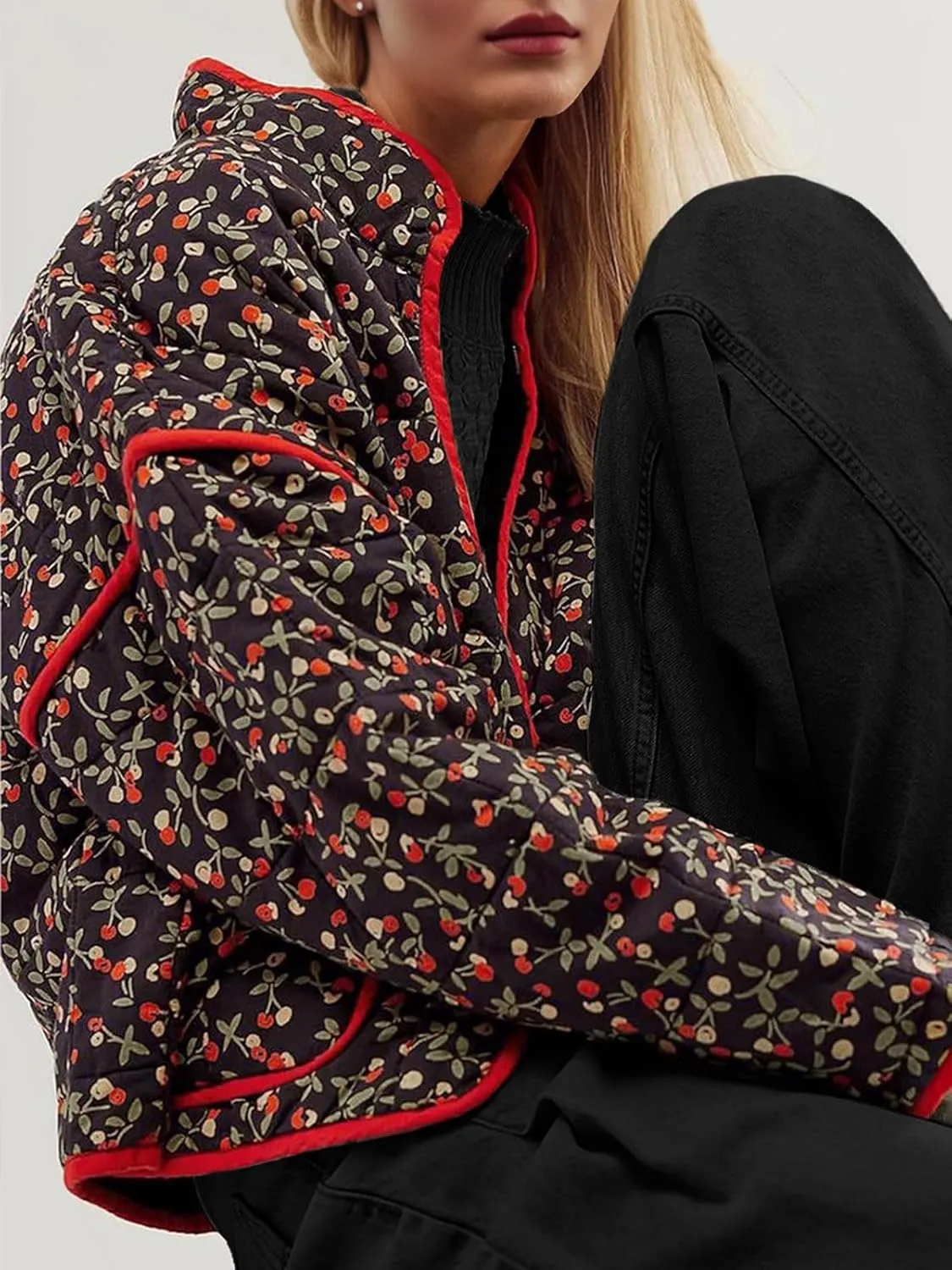 Tankaneo Womens Quilted Lightweight Jackets Floral Print Winter Coats Open Front Cardigan with Pockets