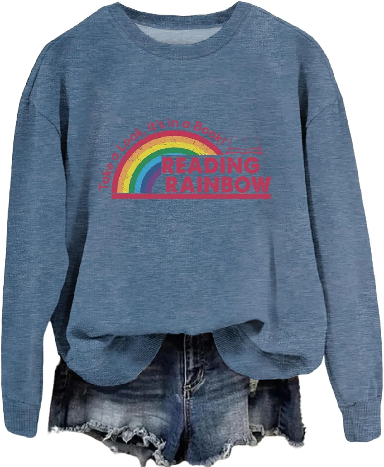 Teacher Sweatshirts for Women Take a Look It's in a Book Lovers Shirt Reading Rainbow Graphic Tees Cute Fall Tops